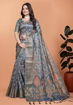 grey printed art silk designer pallu saree 1