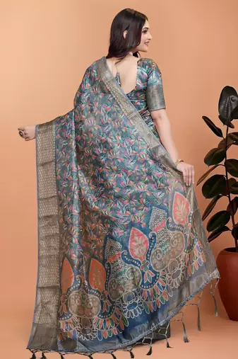 grey printed art silk designer pallu saree