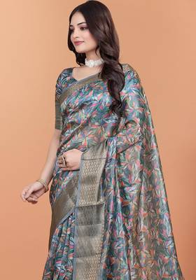 grey printed art silk designer pallu saree 4