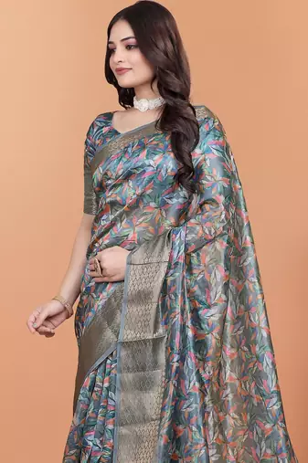 grey printed art silk designer pallu saree