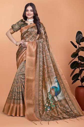 mehendi printed art silk designer pallu saree