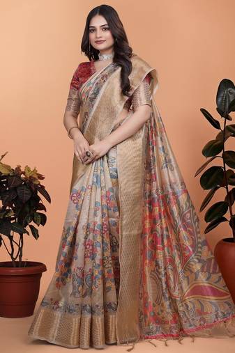 cream printed art silk designer pallu saree