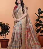 cream printed art silk designer pallu saree