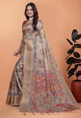 cream printed art silk designer pallu saree 2
