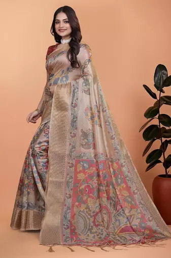 cream printed art silk designer pallu saree