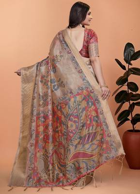 cream printed art silk designer pallu saree 3