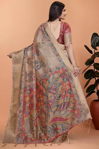 cream printed art silk designer pallu saree