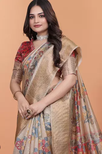 cream printed art silk designer pallu saree