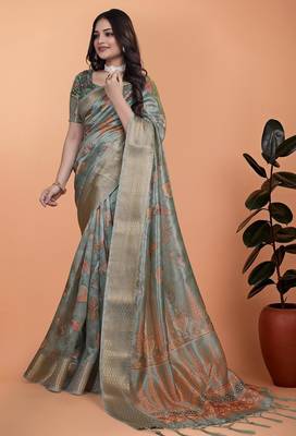 light green printed art silk designer pallu saree 2