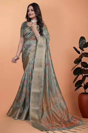 light green printed art silk designer pallu saree