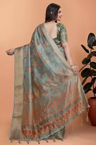 light green printed art silk designer pallu saree