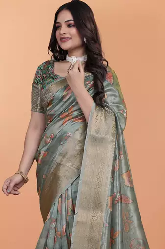 light green printed art silk designer pallu saree