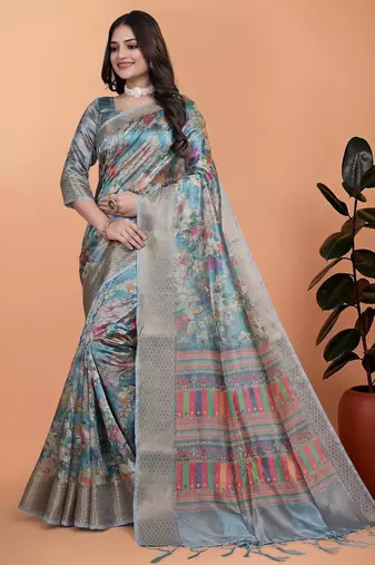 sky blue printed art silk designer pallu saree