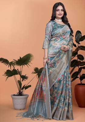 sky blue printed art silk designer pallu saree 2