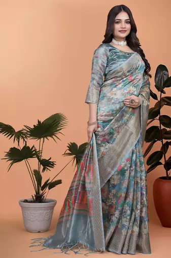 sky blue printed art silk designer pallu saree