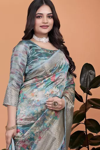 sky blue printed art silk designer pallu saree