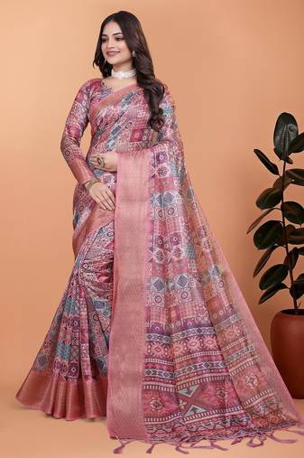 pink printed art silk designer pallu saree