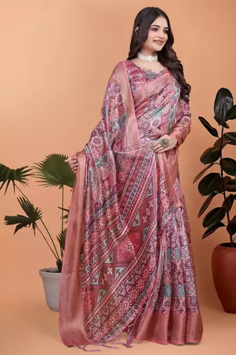 pink printed art silk designer pallu saree