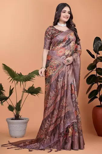 wine printed art silk designer pallu saree