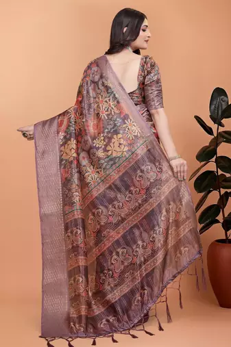 wine printed art silk designer pallu saree