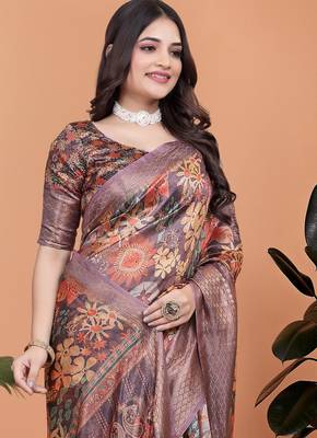 wine printed art silk designer pallu saree 4