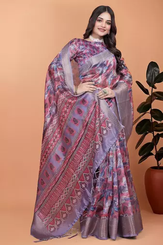 purple printed art silk designer pallu saree