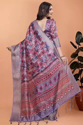 purple printed art silk designer pallu saree