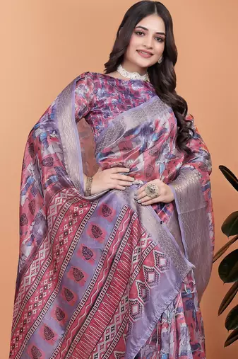 purple printed art silk designer pallu saree