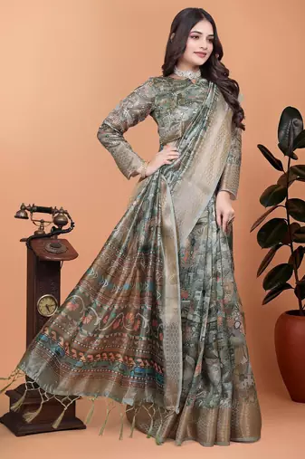 mehendi printed art silk designer pallu saree
