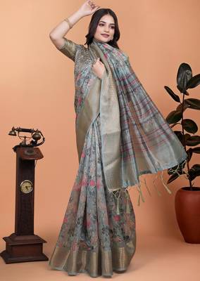 grey printed art silk designer pallu saree 2