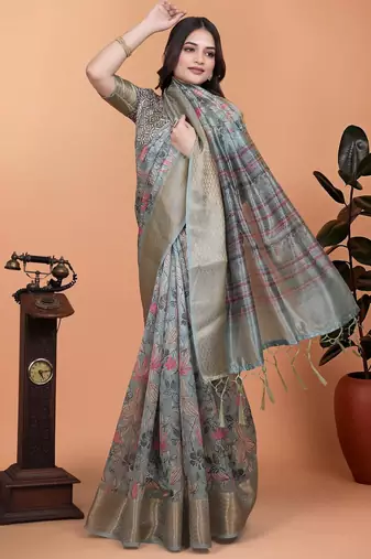 grey printed art silk designer pallu saree