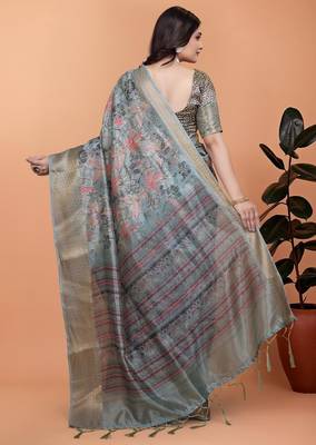 grey printed art silk designer pallu saree 3