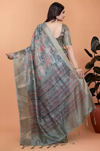 grey printed art silk designer pallu saree