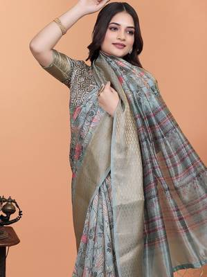 grey printed art silk designer pallu saree 4