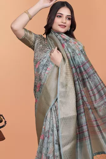 grey printed art silk designer pallu saree
