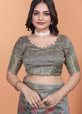 grey printed art silk designer pallu saree 5