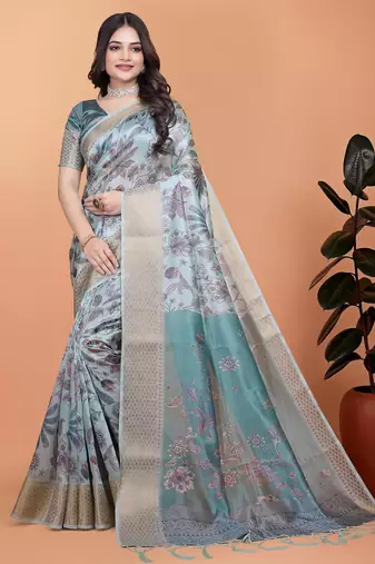 sky blue printed art silk designer pallu saree