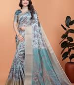 sky blue printed art silk designer pallu saree