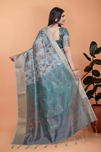 sky blue printed art silk designer pallu saree