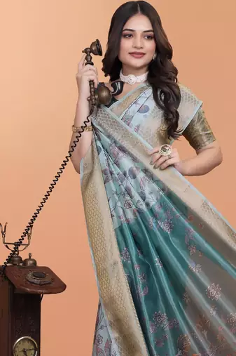 sky blue printed art silk designer pallu saree