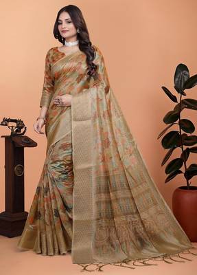 gold printed art silk designer pallu saree 1