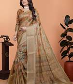 gold printed art silk designer pallu saree