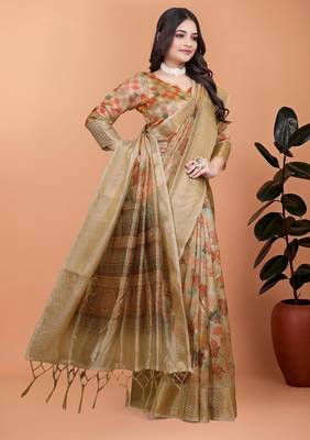 gold printed art silk designer pallu saree 2