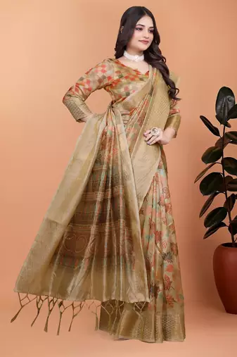 gold printed art silk designer pallu saree