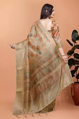 gold printed art silk designer pallu saree