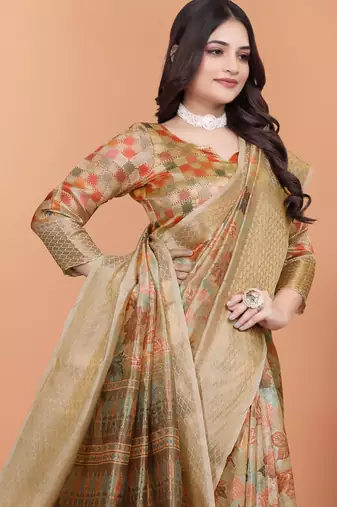 gold printed art silk designer pallu saree
