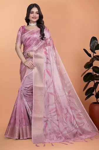 pink printed art silk designer pallu saree