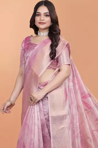 pink printed art silk designer pallu saree