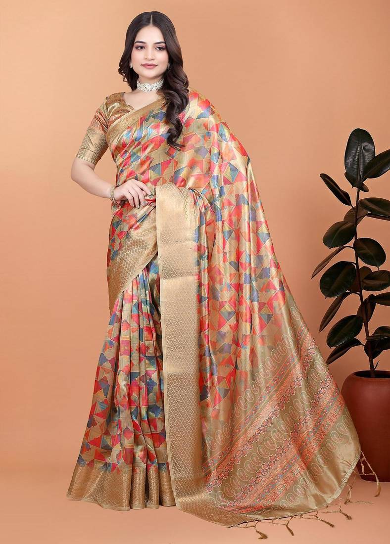 gold printed art silk designer pallu saree