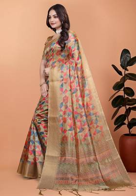 gold printed art silk designer pallu saree 2